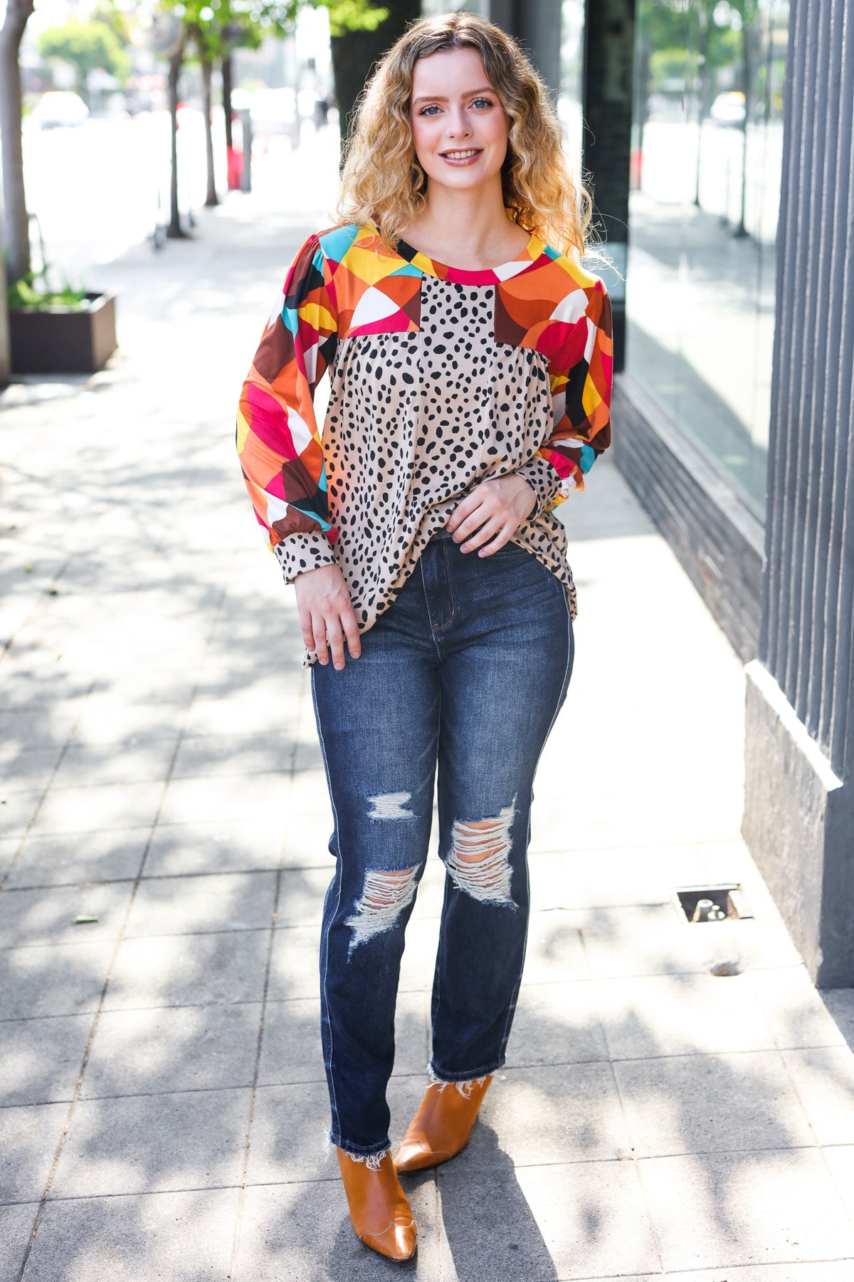 Rust & Khaki Geometric Animal Print Color Block Bubble Sleeve Top