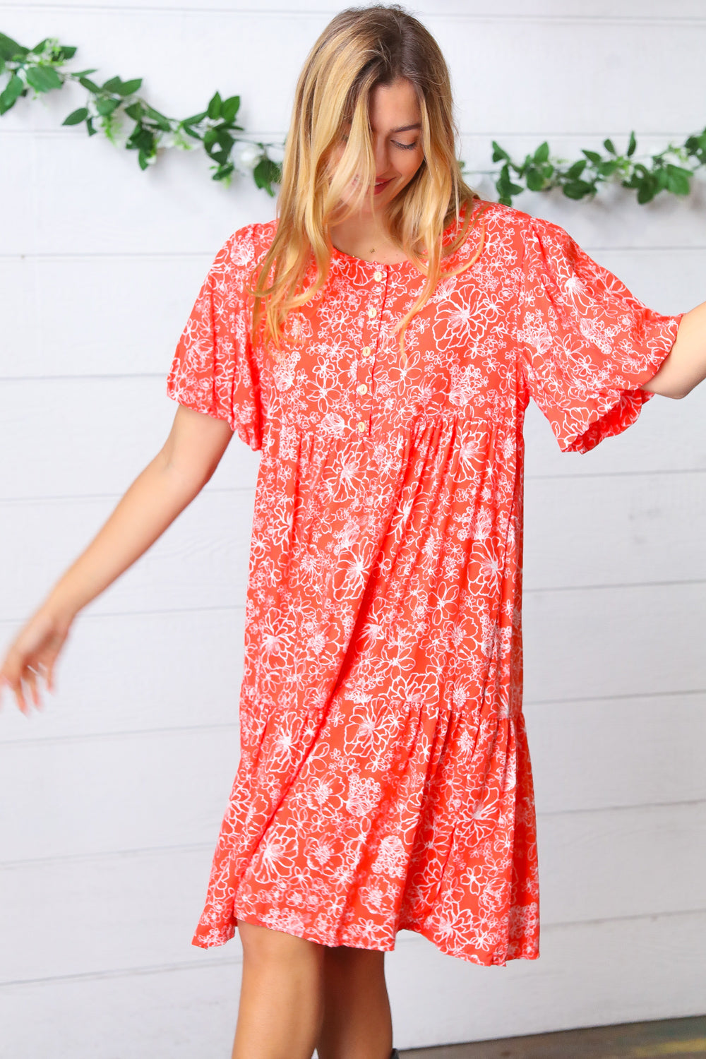 Coral Floral Button Down Midi Dress