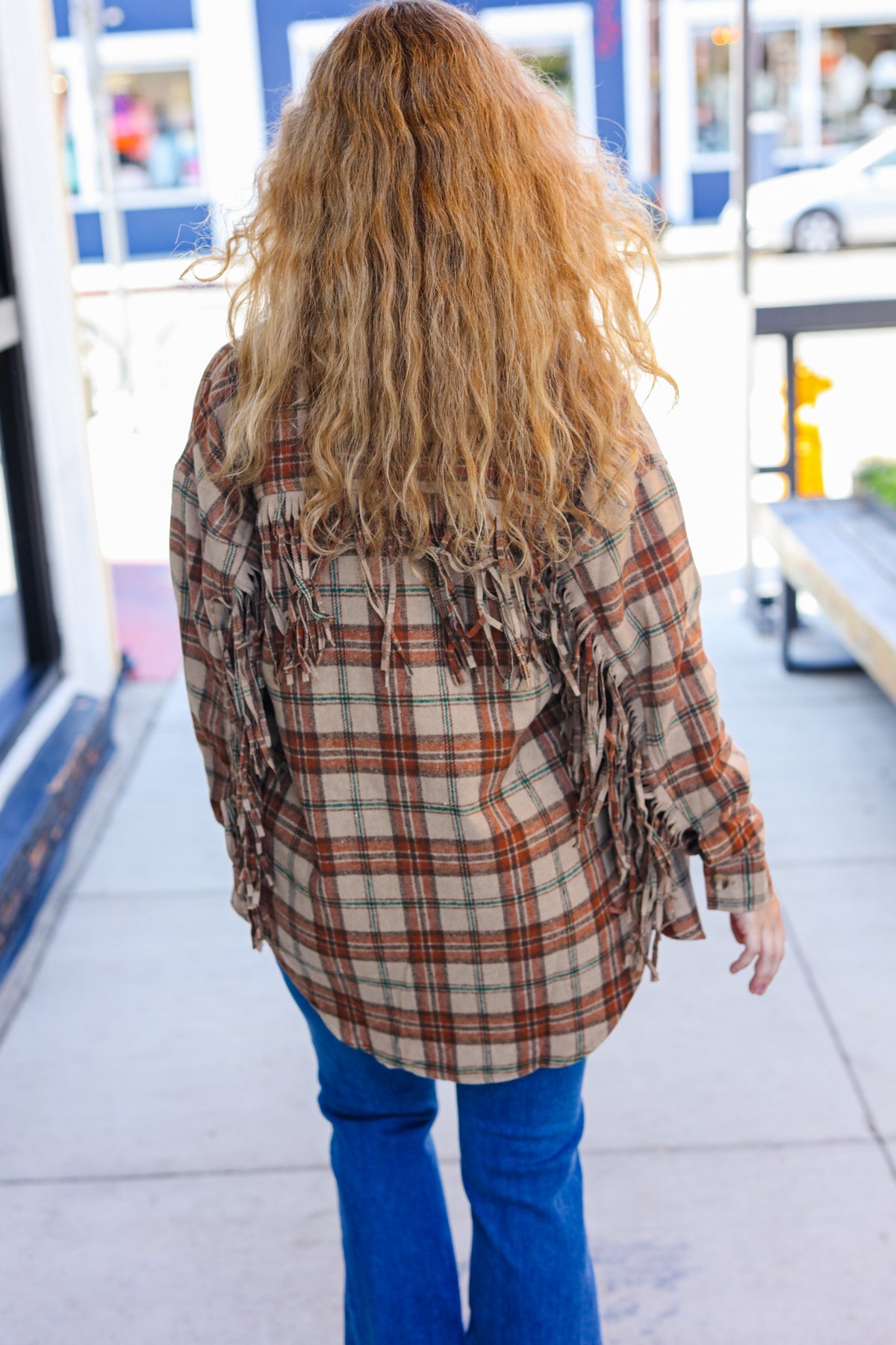 Boldly You Taupe & Rust Flannel Plaid Fringe Jacket