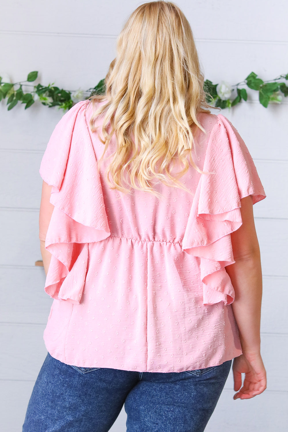 Soft Pink Swiss Dot Ruffle Woven Top