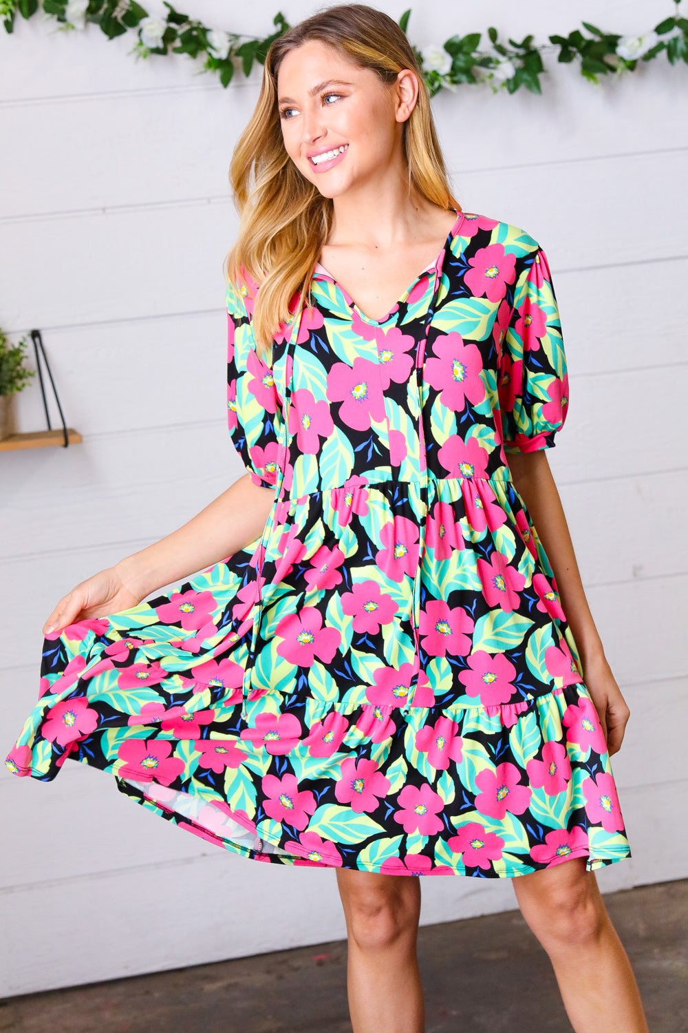 Multicolor Flat Floral Tiered Front Tie Pocketed Dress