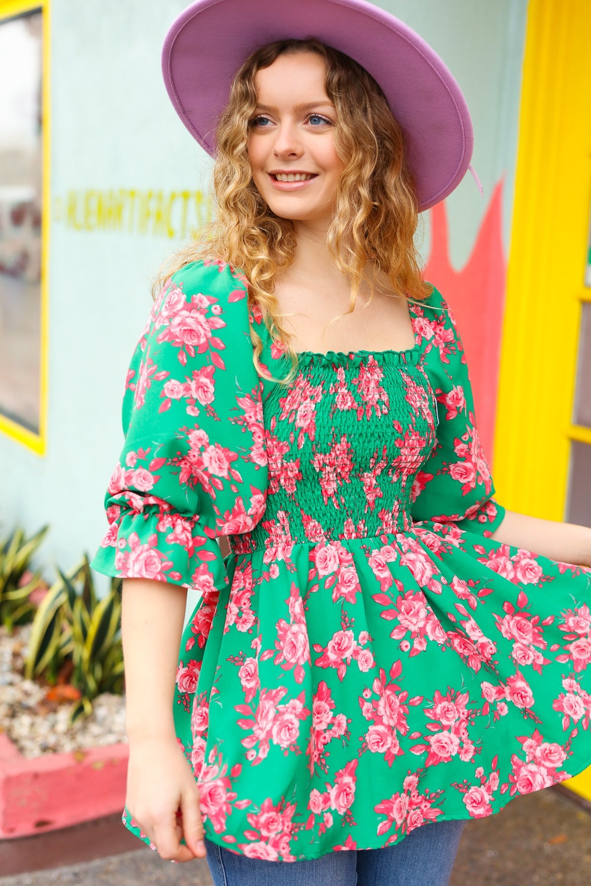 Sumptuous In Smocked Green & Coral Flower Print Babydoll Top