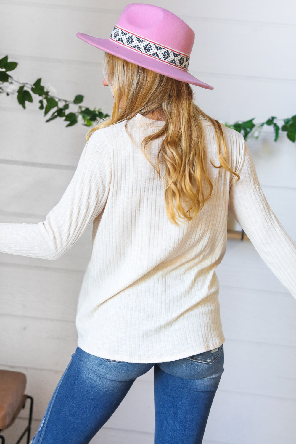 Cream Rib Lace V Neck Button Detail Top