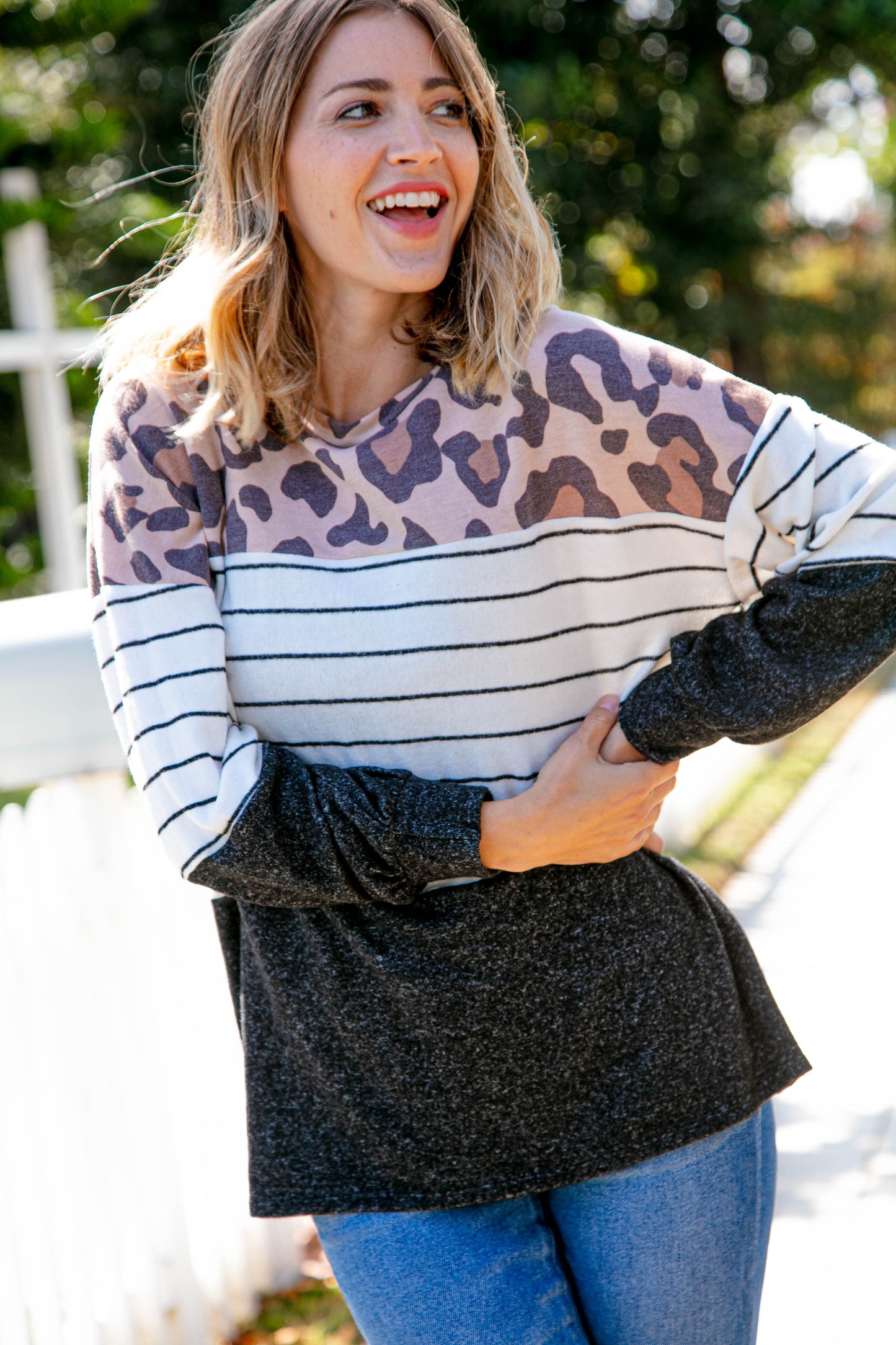 Two Tone Hacci Leopard Stripe Color Block Top