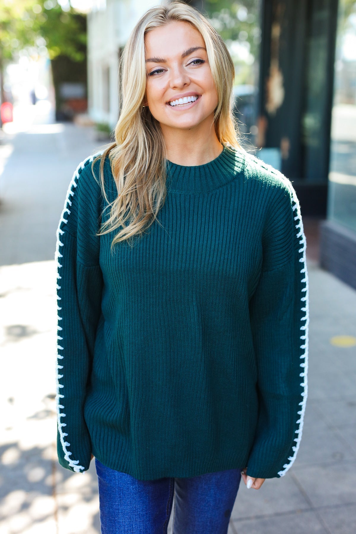 Fall Vibes Hunter Green Rib Knit Large Stitch Oversized Sweater