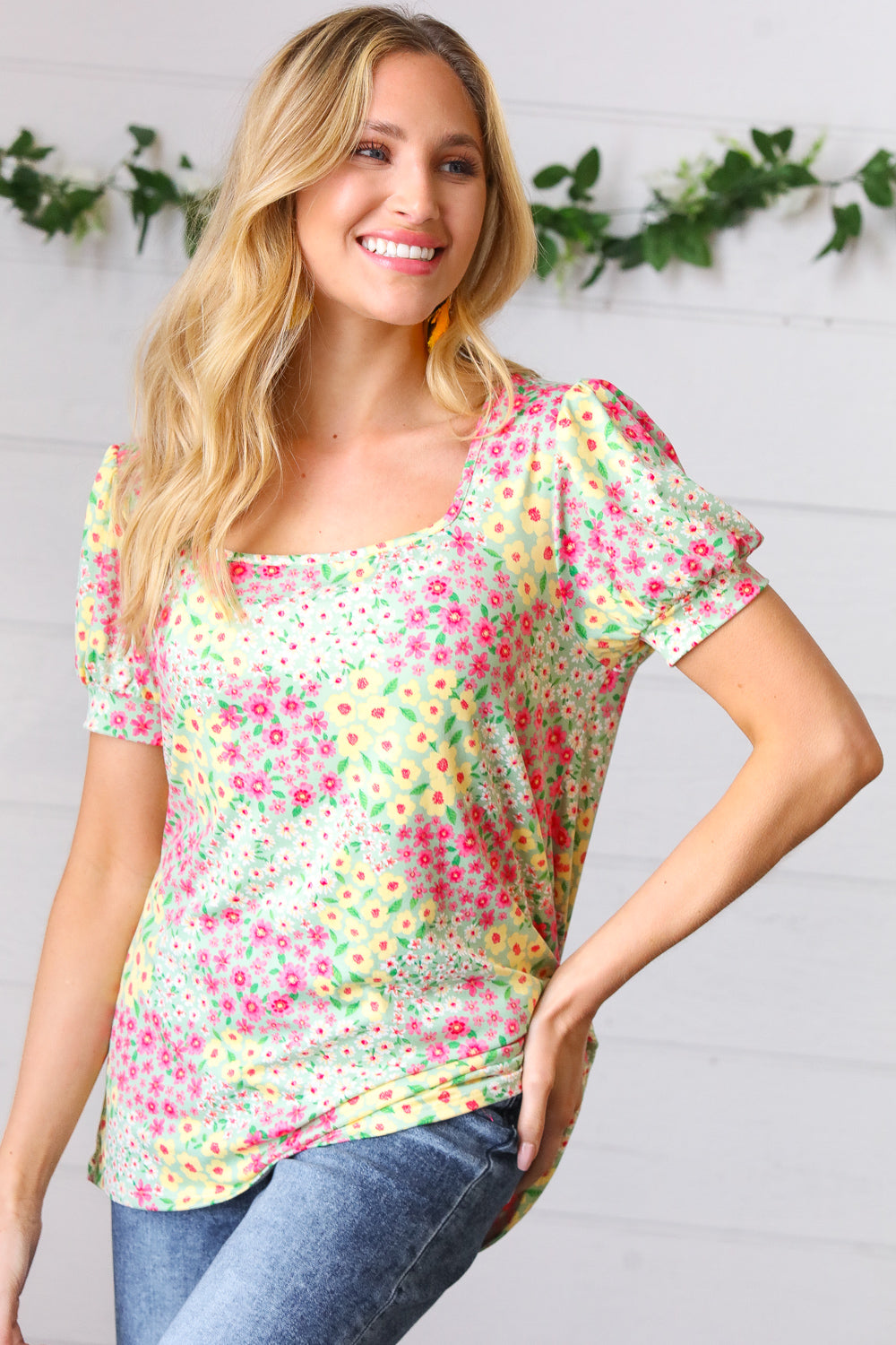 Canary/Mint Floral Square Neck Bubble Sleeve Top