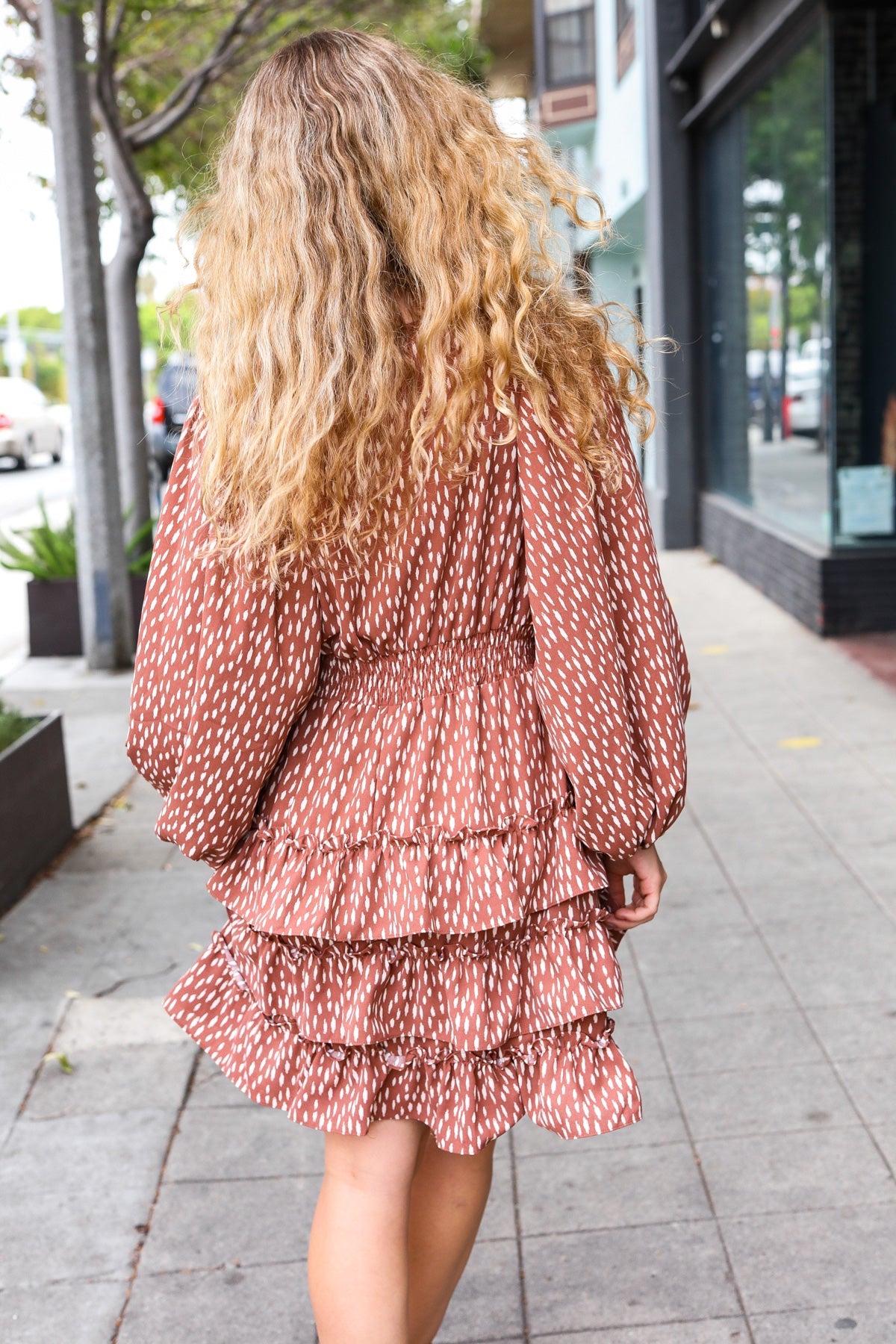 Feminine Flair Terracotta Leopard Print Ruffle Tiered Dress