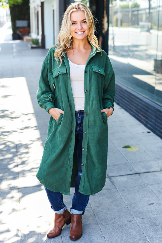 Turn Heads Forest Green Fleece Button Down Duster Jacket