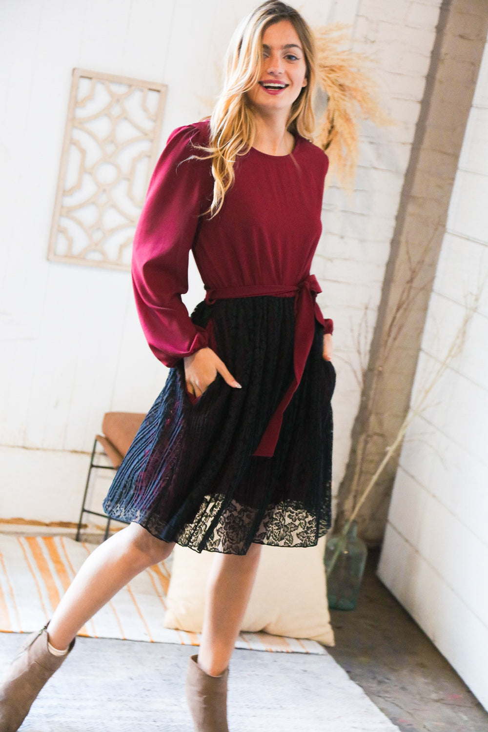 Maroon & Black Lace Overlay Sash Tie Dress