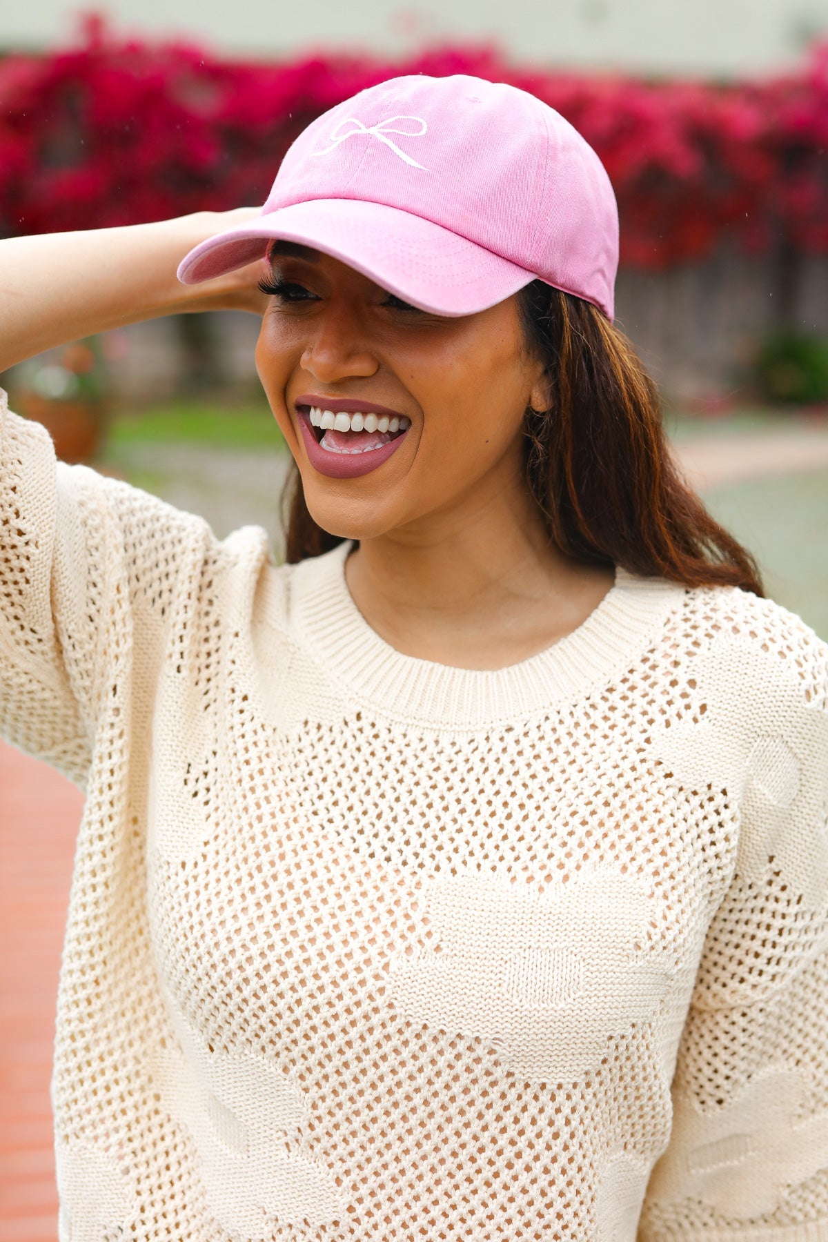 Pink Embroidered Bow Baseball Cap