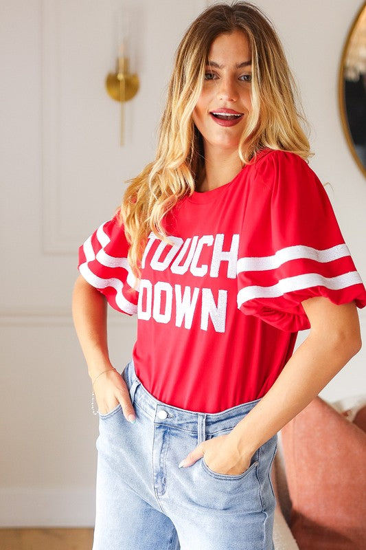 Stand Out Red "TOUCHDOWN" Sequin Bubble Sleeve Game Day Top