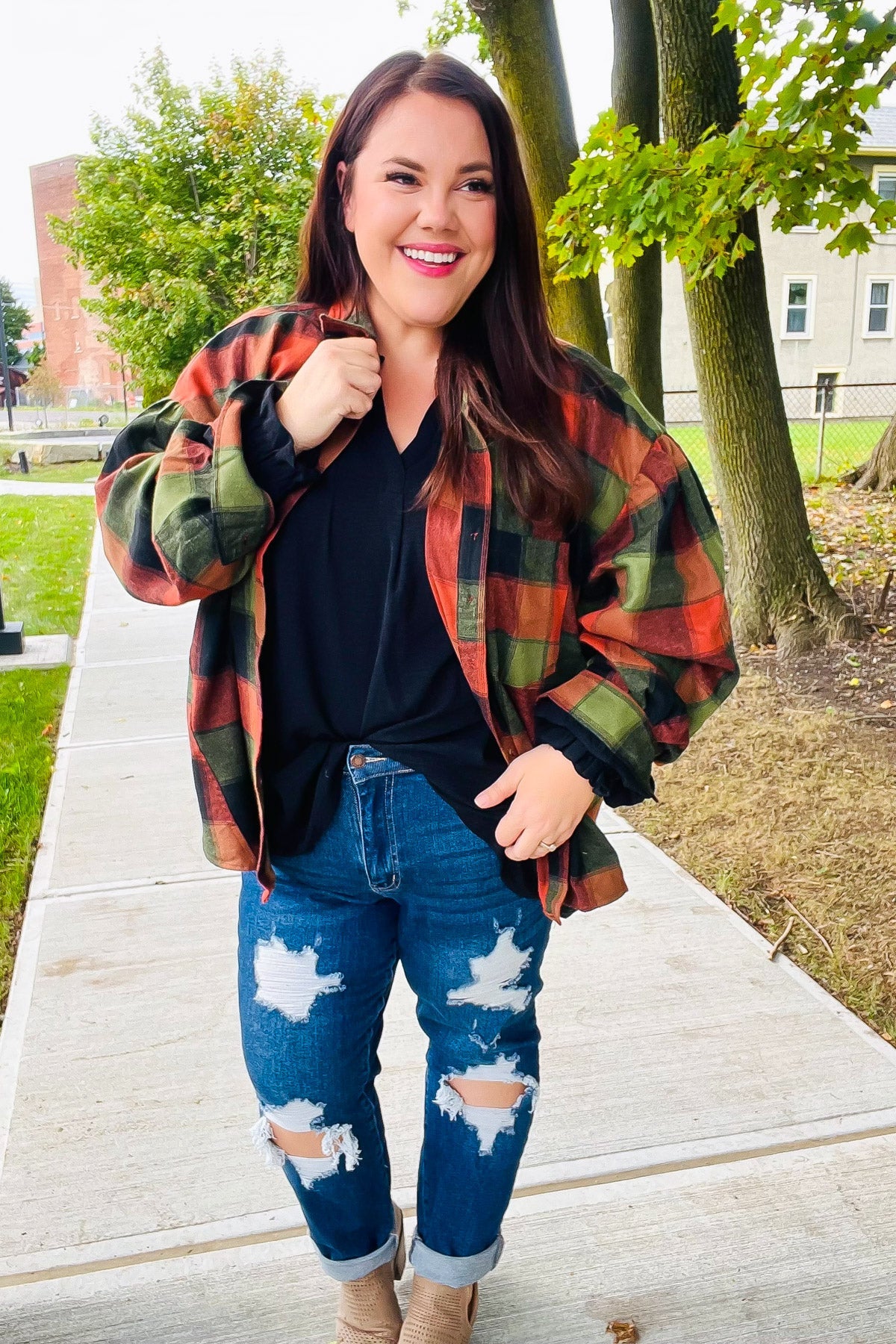 Rock'n Plaid Olive & Rust Button Down Oversized Shirt