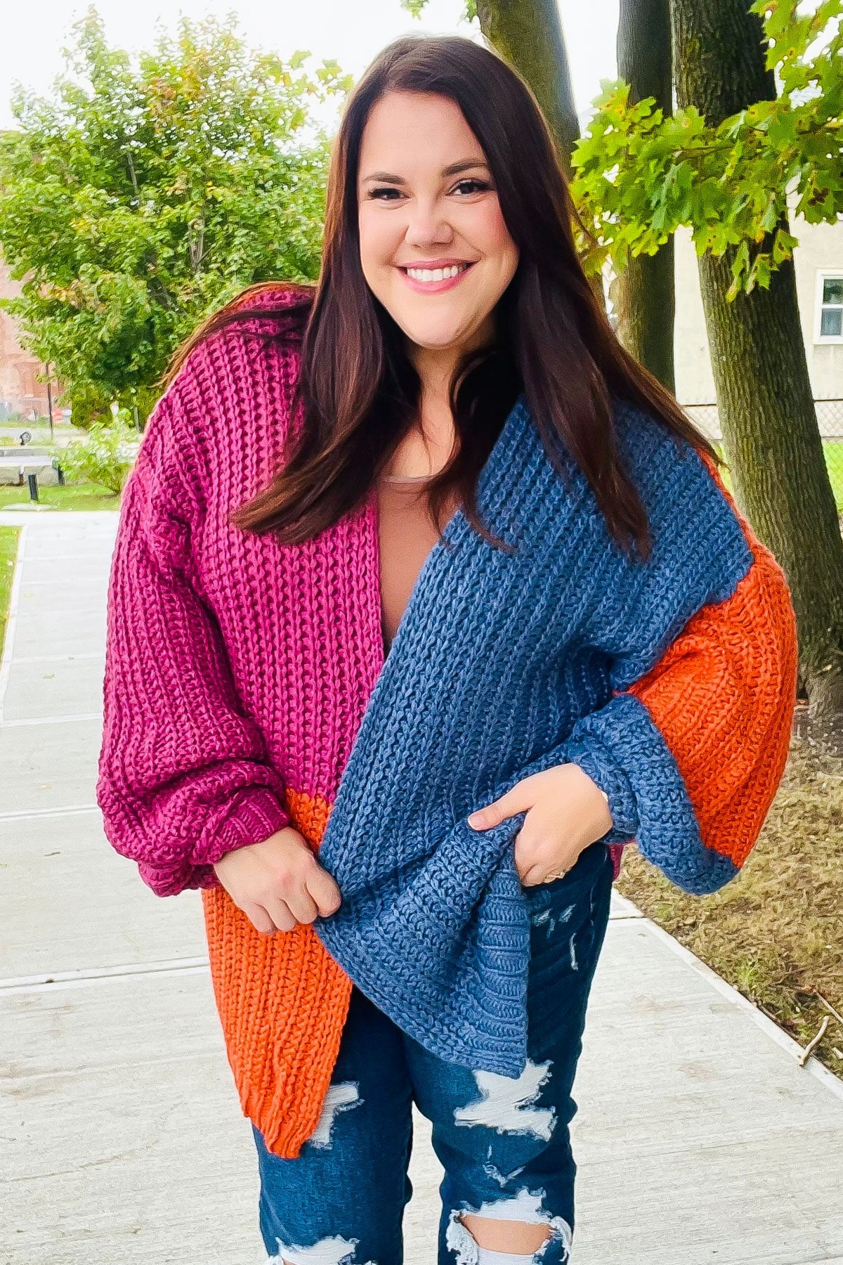 Dazzle In Magenta & Navy Chunky Knit Color Block Cardigan