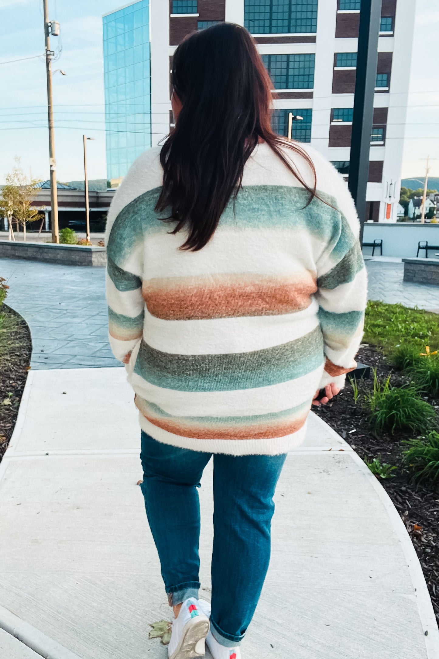 Ivory Striped Button Down Fuzzy Knit Cardigan