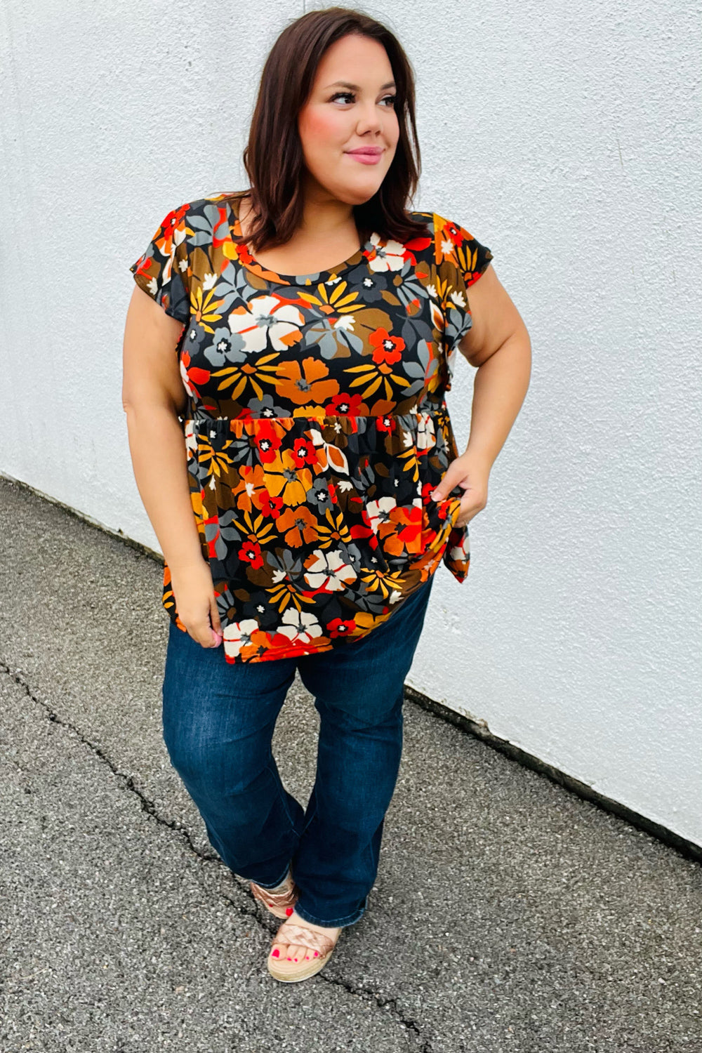 Burnt Orange Flat Floral Print Ruffle Sleeve Babydoll Top